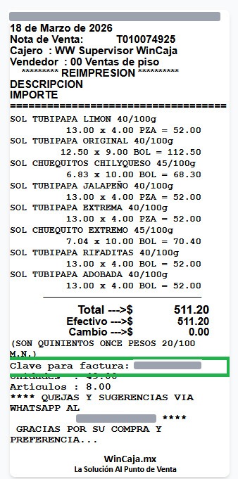 Ticket de ejemplo con la línea “Clave para factura” marcada